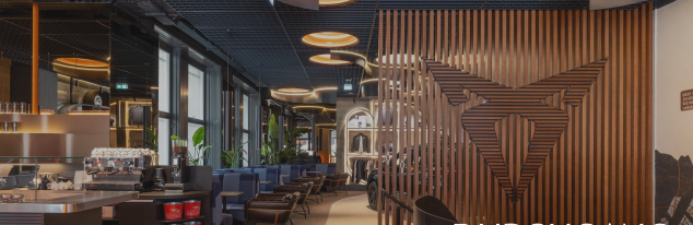 CUPRA City Garage - Café-Bereich mit Holz-Trennwand